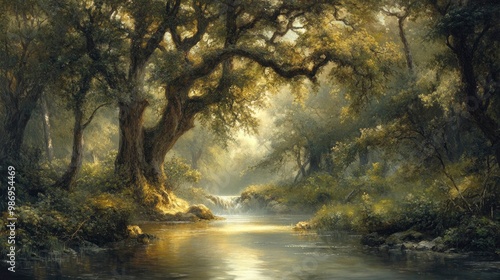 A serene view of a hidden, unspoiled forest with ancient trees and a gently flowing stream. The soft, dappled light filtering through the canopy creates a peaceful and enchanting atmosphere in this