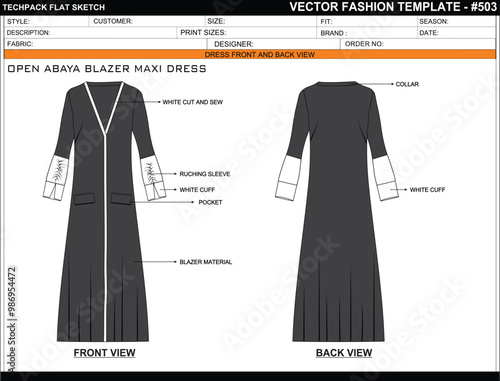 OPEN ABAYA BLAZER MAXI DRESS FASHION EASY EDITABLE TECHNICAL FLAT SKETCH ILLUSTRATION DESIGN