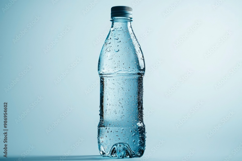 A Single Water Bottle With Condensation on a Blue Background A Single Water Bottle With Condensation on a Blue Background