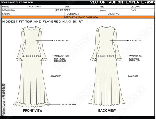 MODEST FIT TOP AND FLAYERED MAXI SKIRT FASHION EASY EDITABLE TECHNICAL FLAT SKETCH ILLUSTRATION DESIGN.