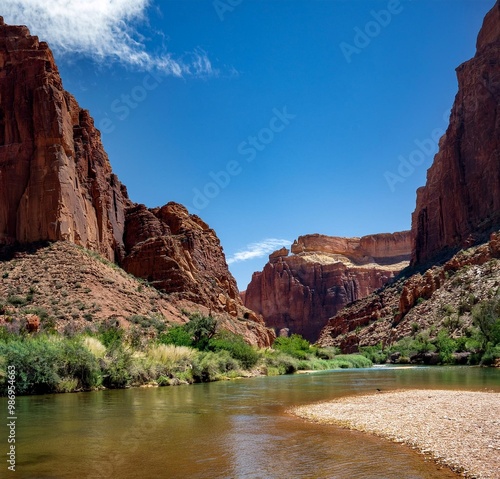 Towering reddish-brown cliffs and a clear river create a stunning canyon landscape. Enjoy lush greenery, palm trees, and the tranquil beauty of this natural oasis