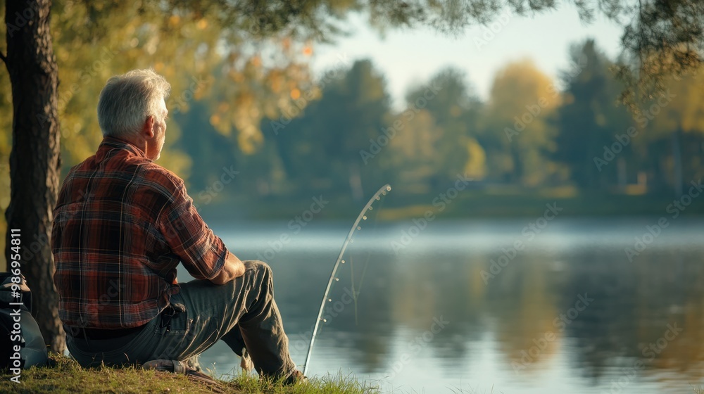 Grey-haired man fishing by a peaceful lake, sitting by the water and enjoying a quiet afternoon outdoors. Grey-haired man fishing by a peaceful lake, sitting by the water and enjoying a quiet afternoon outdoors.