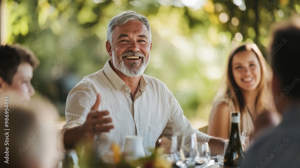 Grey-haired man giving a speech at a family gathering, smiling and engaging the audience with his words. Grey-haired man giving a speech at a family gathering, smiling and engaging the audience with his words.