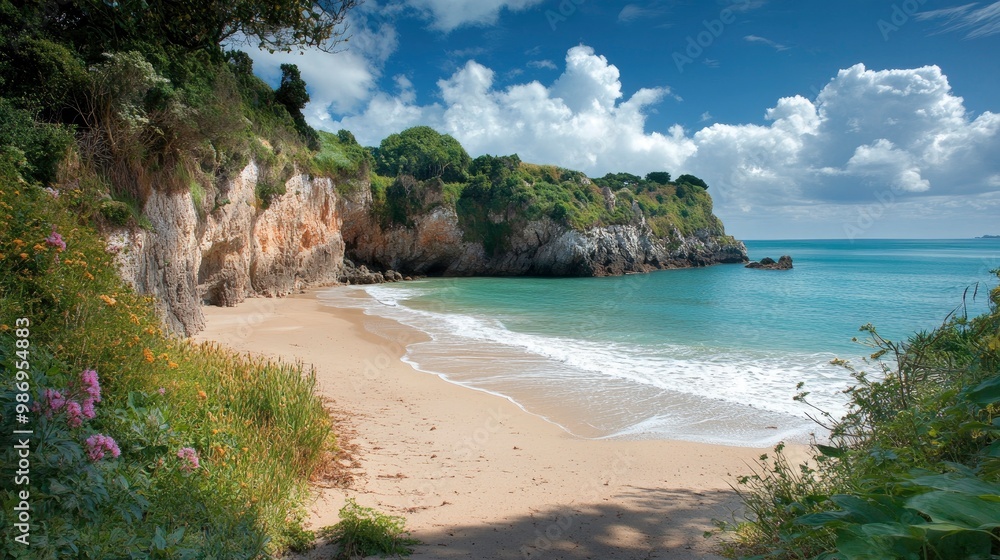 Fototapeta premium A captivating photograph of a hidden, serene beach with golden sand and calm, turquoise waters. The surrounding cliffs and lush vegetation create an idyllic and tranquil atmosphere in this remote