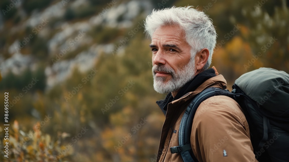 Grey-haired man hiking through a scenic trail, enjoying an outdoor adventure and embracing an active lifestyle. Grey-haired man hiking through a scenic trail, enjoying an outdoor adventure and embracing an active lifestyle.