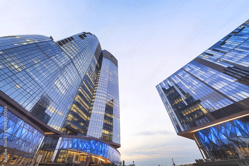 Naklejka premium Two modern skyscrapers, both with a predominantly glass facade