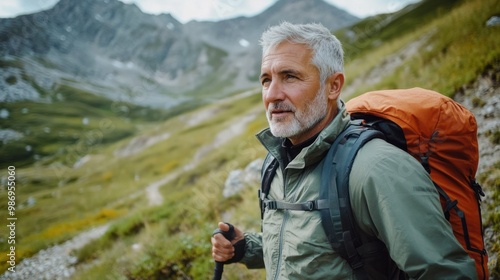 Grey-haired man hiking up a mountain trail, enjoying the challenge and beauty of nature.