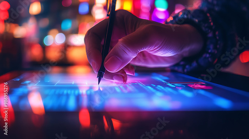 High-Tech Voting - Stylus on Touchscreen Ballot in a Colorful Setting