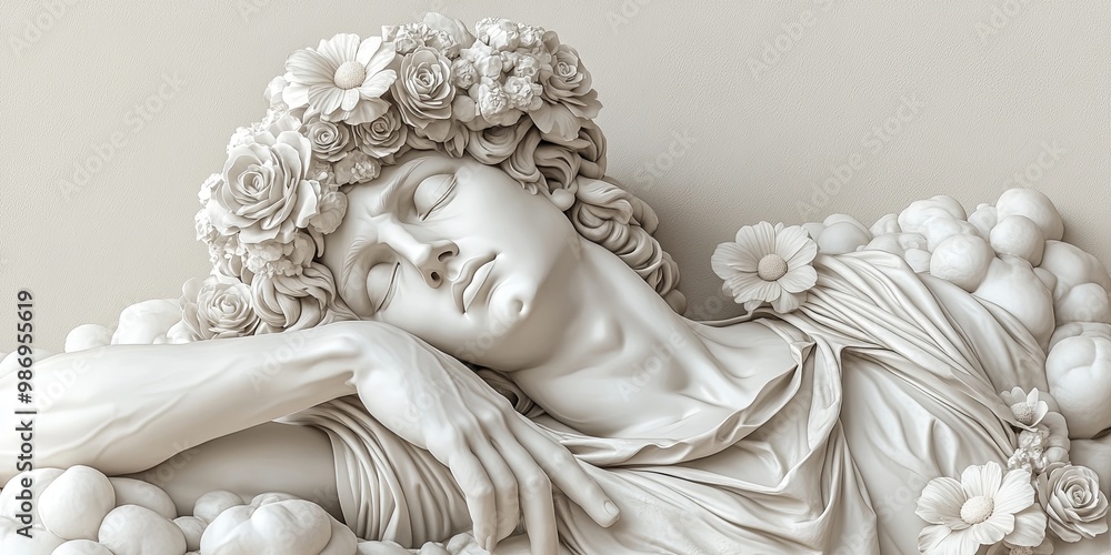 A serene marble sculpture of a sleeping figure adorned with a floral crown, embodying beauty and tranquility in classical artistry. A serene marble sculpture of a sleeping figure adorned with a floral crown, embodying beauty and tranquility in classical artistry.