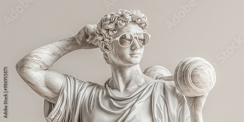 A modern sculpture of a classical figure wearing sunglasses, showcasing a blend of tradition and contemporary style. photo