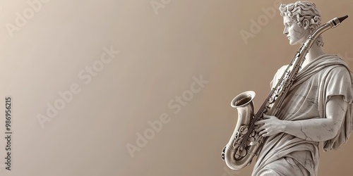 Classical Saxophone: A marble statue of a man, dressed in classical drapery, plays a saxophone. The statue is set against a warm, beige background, creating a serene and timeless atmosphere. The image