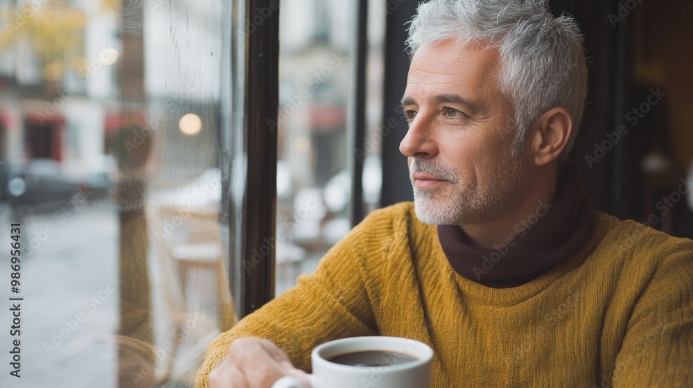 Mature grey-haired man sitting at a cafe, enjoying a cup of coffee while looking out the window thoughtfully. Mature grey-haired man sitting at a cafe, enjoying a cup of coffee while looking out the window thoughtfully.