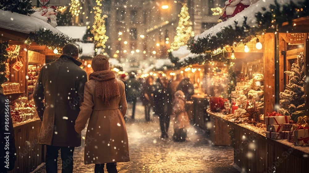 Couple Enjoying a Romantic Evening Walk at a Vibrant Christmas Market Under Twinkling Lights and Gentle Snowfall . Couple Enjoying a Romantic Evening Walk at a Vibrant Christmas Market Under Twinkling Lights and Gentle Snowfall .