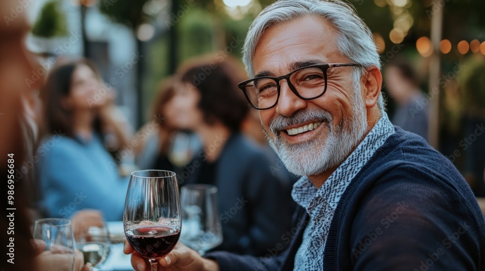 Smiling grey-haired man holding a glass of wine while socializing with friends at an outdoor gathering. Smiling grey-haired man holding a glass of wine while socializing with friends at an outdoor gathering.