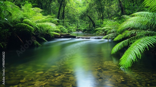 A captivating photograph of a secluded, tranquil river meandering through a lush, verdant forest. The clear waters reflect the vibrant greenery and the gentle light creates a peaceful and enchanting