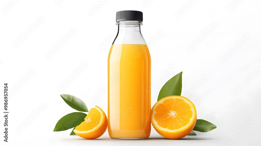 Orange juice bottle isolated on a white transparent background, showcasing the beverage with a clear and clean appearance. Orange juice bottle isolated on a white transparent background, showcasing the beverage with a clear and clean appearance.