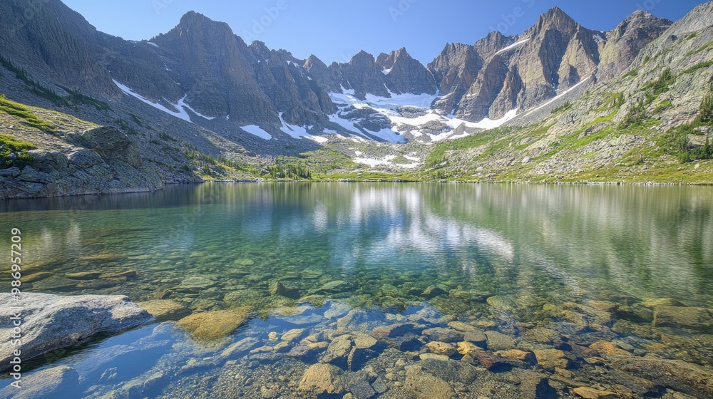 Obraz premium A breathtaking view of a secluded, unspoiled glacier lake with clear waters and surrounded by rugged mountain peaks. The serene reflection of the landscape in the still waters emphasizes the