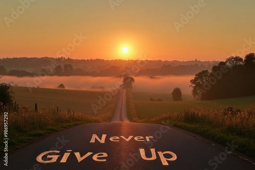 Never Give Up etched on a lonely country road surround