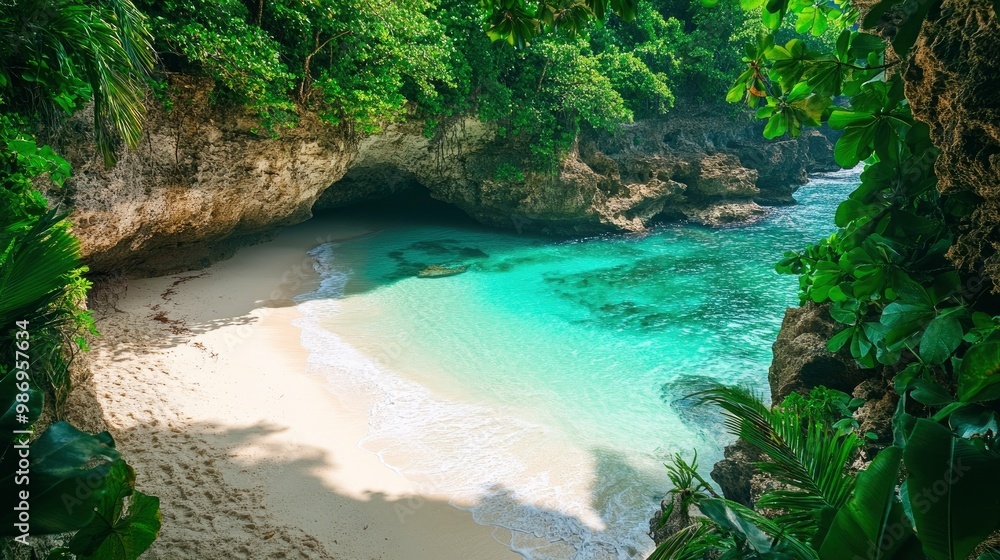 Naklejka premium A captivating photograph of a hidden, serene beach with white sand and calm, turquoise waters. The surrounding cliffs and lush vegetation create an idyllic and tranquil atmosphere in this isolated
