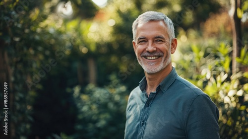 Smiling grey-haired man standing in a garden, enjoying the fresh air and greenery around him.
