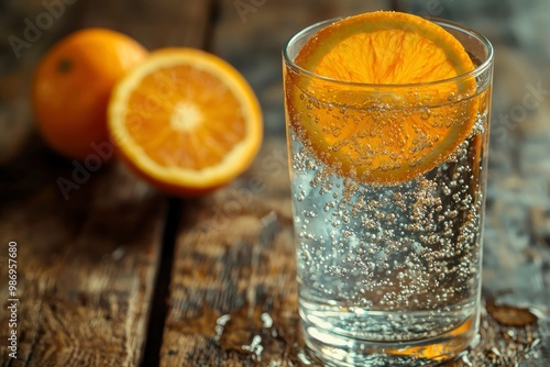 A glass of sparkling water with an orange slice