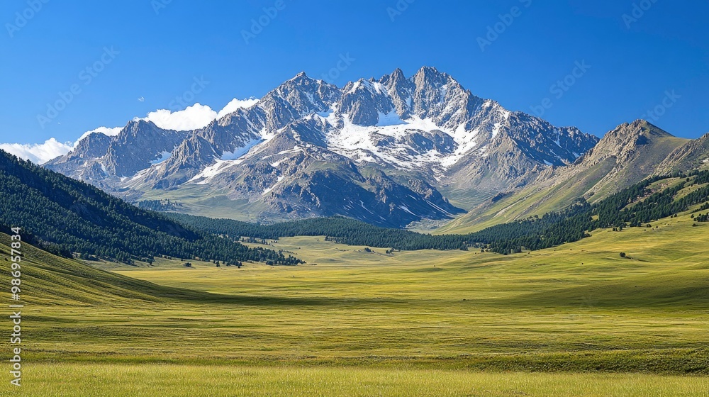 An awe-inspiring photograph of a remote, untouched mountain range with snow-capped peaks and rolling green valleys. The clear blue sky and the gentle light of the early morning sun highlight the raw An awe-inspiring photograph of a remote, untouched mountain range with snow-capped peaks and rolling green valleys. The clear blue sky and the gentle light of the early morning sun highlight the raw
