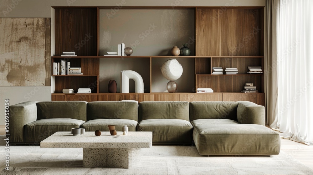 Serene Living Space: Blocky sofa, custom shelving, beige walls, and light wood.
Serene Living Space: Blocky sofa, custom shelving, beige walls, and light wood.