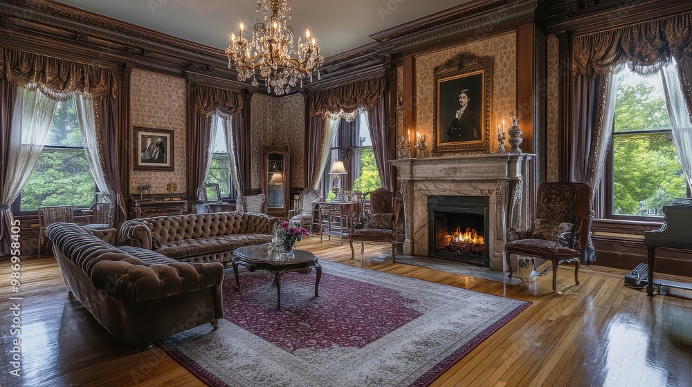 Luxurious Victorian Sitting Room with Velvet Sofa, Marble Fireplace, and Crystal Chandelier Luxurious Victorian Sitting Room with Velvet Sofa, Marble Fireplace, and Crystal Chandelier