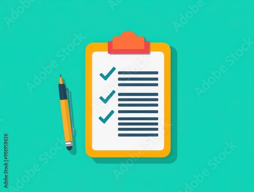 A clipboard with a checklist and a pen, symbolizing organization, task management, and productivity under a vibrant turquoise background.