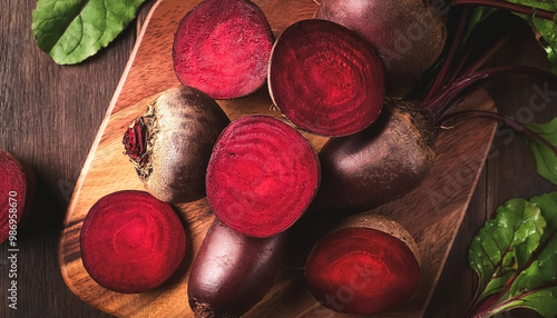 Red beetroot and beetroot cross sectoin in wooden cutting board isolated on wooden background. tropical concept background. photo