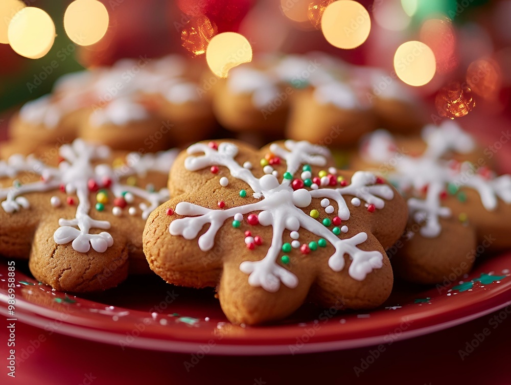 Festive Gingerbread Cookies Decorated with Icing and Sprinkles on Red Plate, Christmas Holiday Treats Background. Festive Gingerbread Cookies Decorated with Icing and Sprinkles on Red Plate, Christmas Holiday Treats Background.