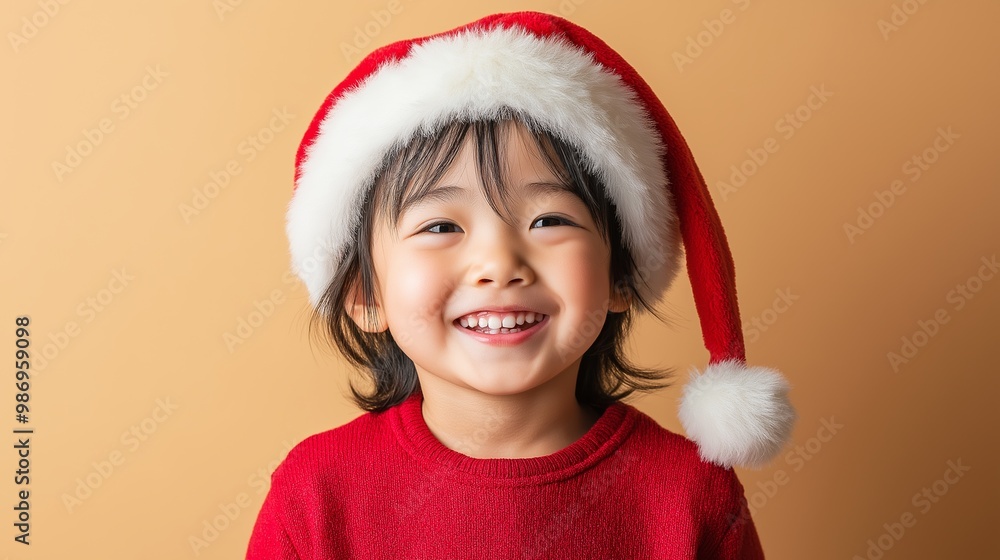 Baby wearing a red snowsuit is smiling and looking at the camera. Japanese toddler around four years old in a cozy Santa outfit, smiling in a minimalist studio environment with a warm beige background Baby wearing a red snowsuit is smiling and looking at the camera. Japanese toddler around four years old in a cozy Santa outfit, smiling in a minimalist studio environment with a warm beige background