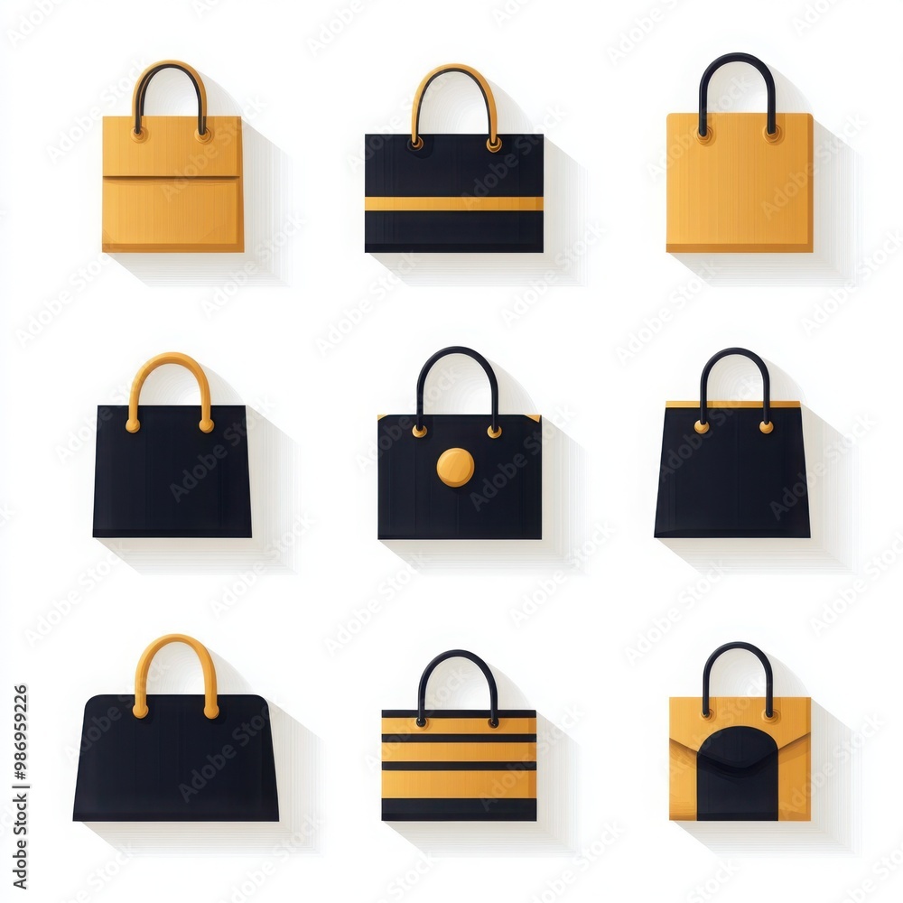 A flat lay of stylish black and yellow handbags arranged in a grid pattern, showcasing various designs and shapes. A flat lay of stylish black and yellow handbags arranged in a grid pattern, showcasing various designs and shapes.