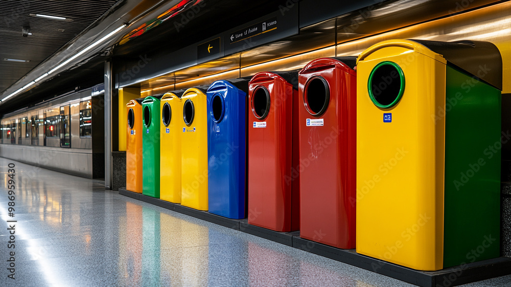 Fototapeta premium Brightly colored recycling bins in a public transportation station on America Recycles Day