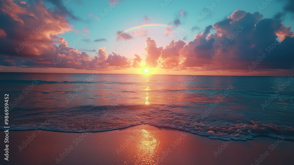 stunning sunset over aquamarine sea with rainbow stunning sunset over aquamarine sea with rainbow
