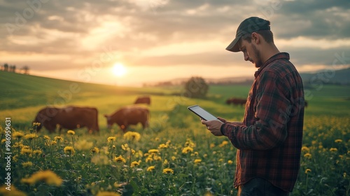 Farmer Using Tablet in Field at Sunset