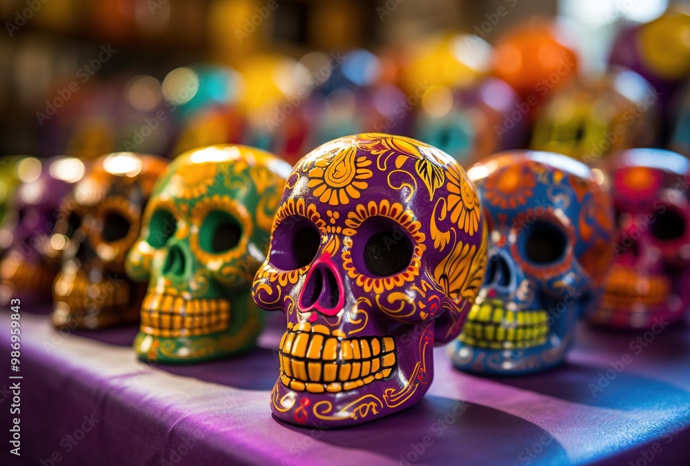 Fototapeta premium Traditional mexican sugar skulls on display in a market in Mexico