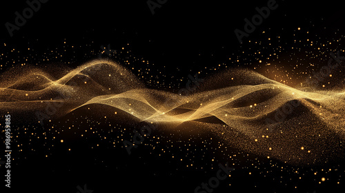 Abstract modern luxury golden wave lines gold particles with lighting effect on black background photo