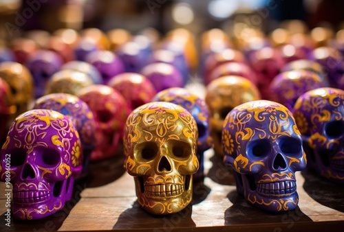 Traditional mexican sugar skulls on display in a market in Mexico