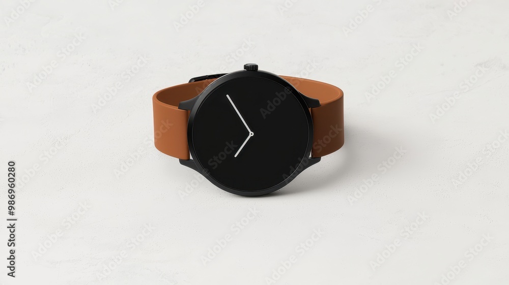 Stylish black watch with brown strap on a white background. Stylish black watch with brown strap on a white background.