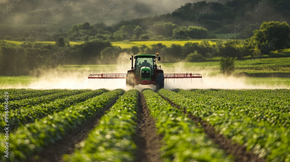 Fototapeta premium Tractor Spraying Crops in Field with Dust Cloud