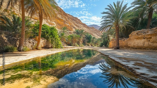 A picturesque view of a remote, untouched desert oasis with a small, tranquil pool surrounded by lush greenery and palm trees. The warm, golden hues of the sand and the clear blue sky highlight the