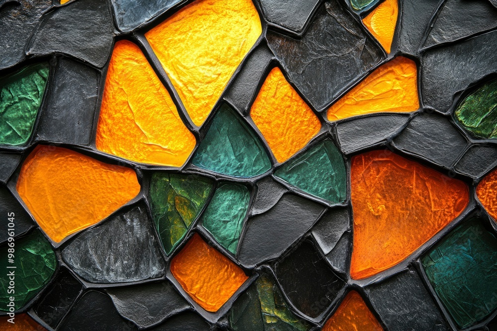Abstract Mosaic of Orange, Green, and Black Glass Pieces Abstract Mosaic of Orange, Green, and Black Glass Pieces