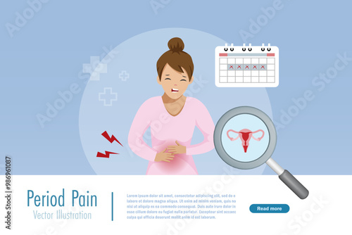 Woman suffers from menstruation, period pain or stomachache with vaginal on magnifying glass and calendar. Female PMS cramp, medical and healthcare. Vector.