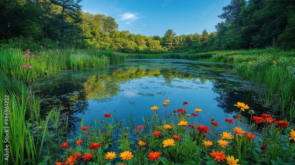 A captivating photograph of a secluded, tranquil pond surrounded by lush greenery and blooming wildflowers. The still waters reflect the vibrant colors of the foliage and the clear blue sky, creating A captivating photograph of a secluded, tranquil pond surrounded by lush greenery and blooming wildflowers. The still waters reflect the vibrant colors of the foliage and the clear blue sky, creating