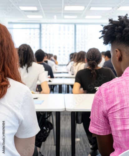 A diverse group of young professionals or students seated in a modern classroom or conference room.