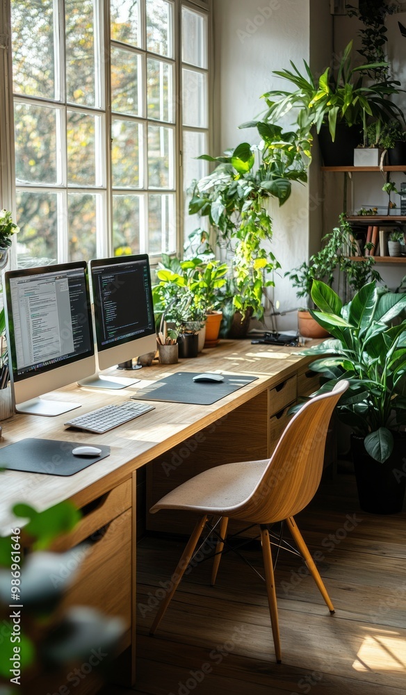 A Minimalist Home Office with Desk, Chair, and Plants A Minimalist Home Office with Desk, Chair, and Plants