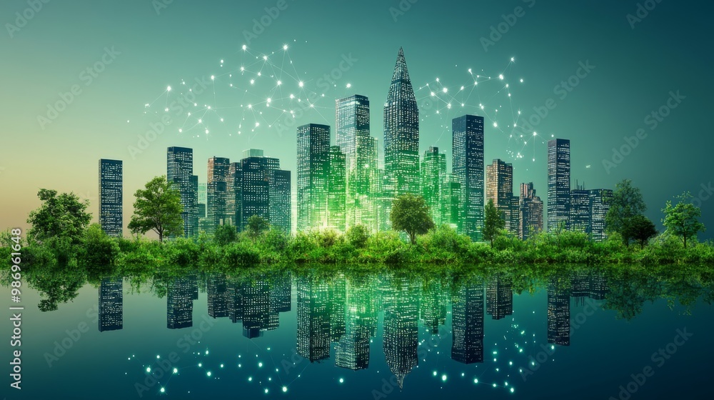 Green Cityscape with Network Connection and Reflection Green Cityscape with Network Connection and Reflection