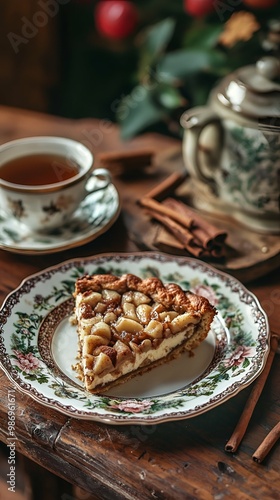 Delicious Slice of Apple Pie with Cinnamon and Tea.