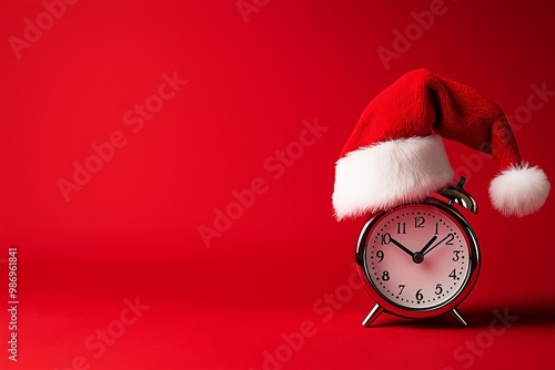 Red background with a clock on it. Christmas clock with a white alarm and a Santa hat on a red background banner, with copy space for text. photo